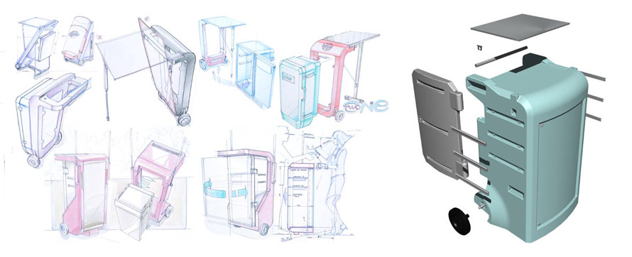Croquis esquisse de design industriel pour objet rotomoulé